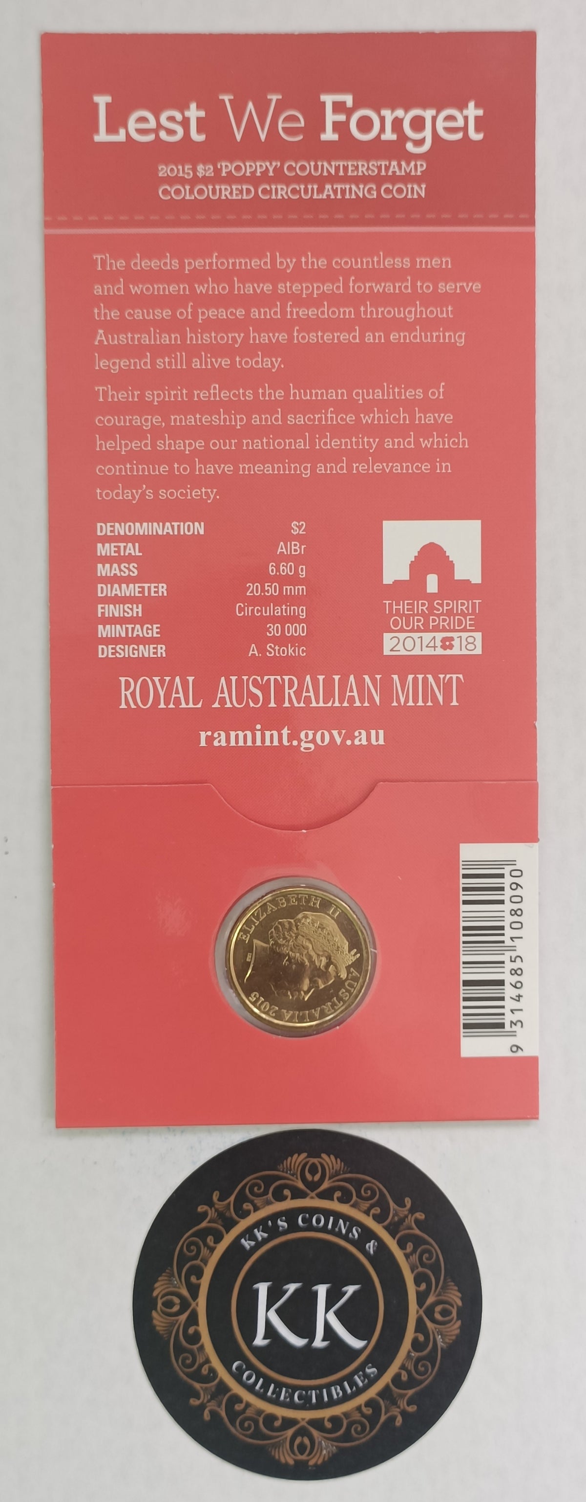 2015 Lest We Forget ANZAC Day Poppy Counterstamp Two Dollar ($2) Colour-printed Australian Decimal Coin