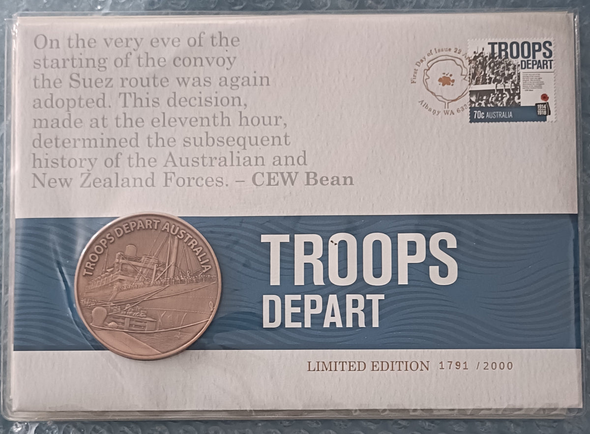 2014 ANZAC - Troops Depart Stamp and Medallion Cover