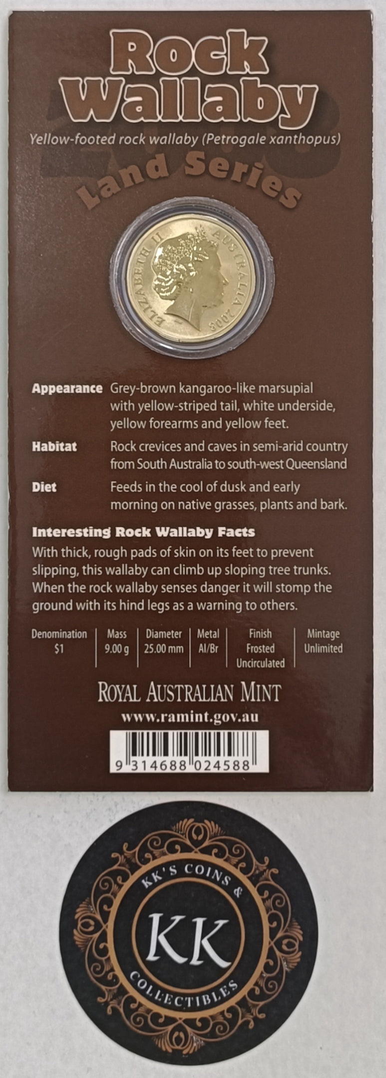 2008 $1 Land Series - Rock Wallaby Uncirculated Coin on Card