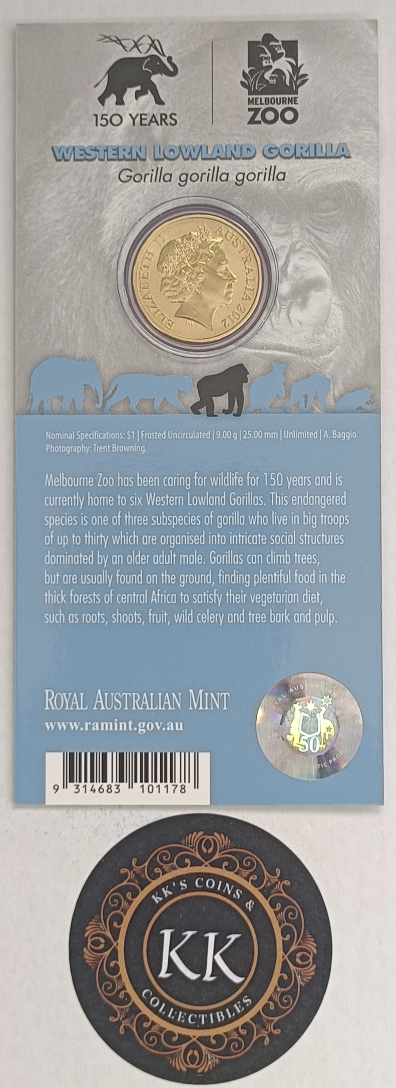 2012 $1 Animals of The Zoo - Western Lowland Gorilla Uncirculated Coin on Card