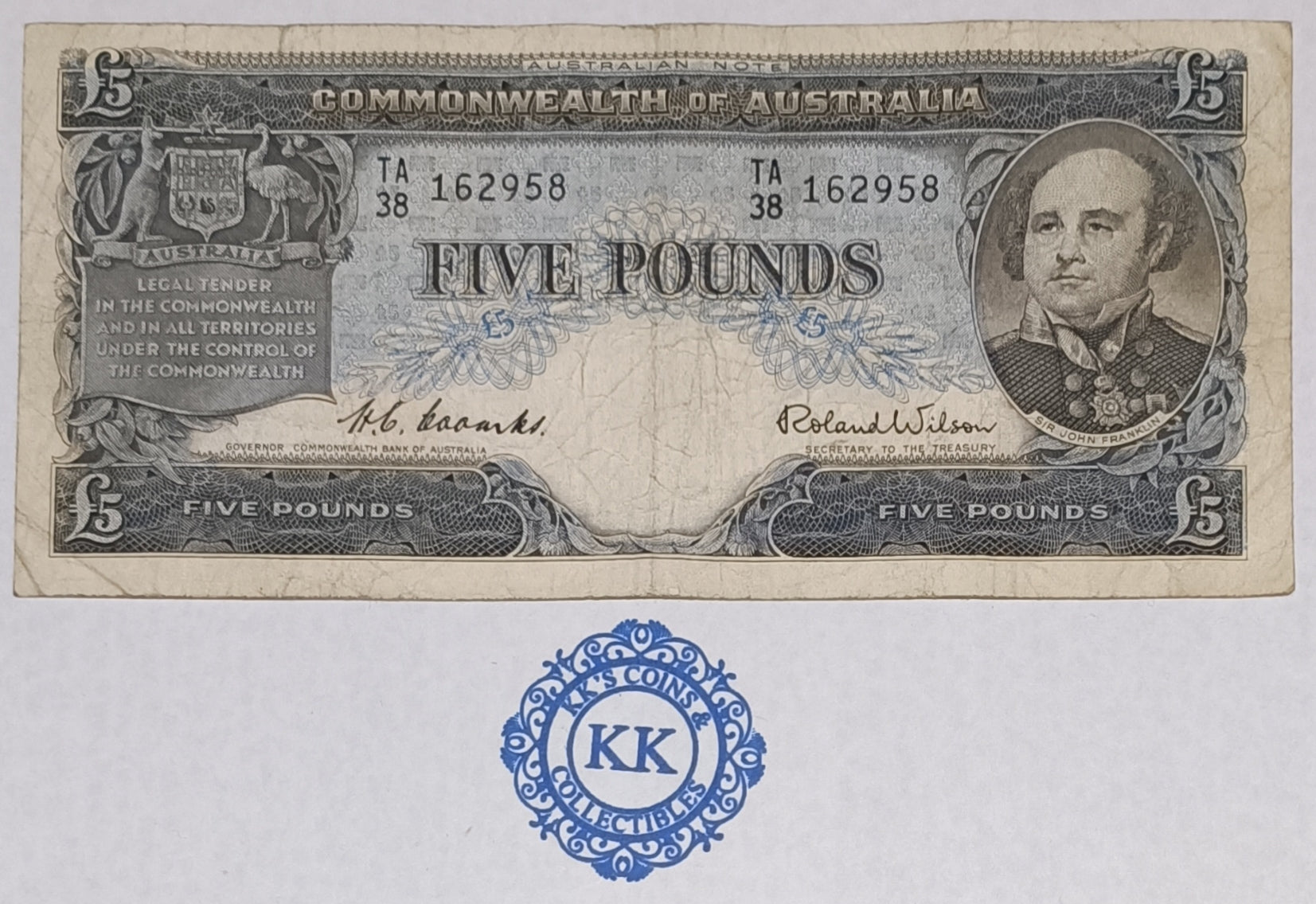 1954 £5 Coombs/Wilson Five Pound Commonwealth Bank of Australia TA38 162958