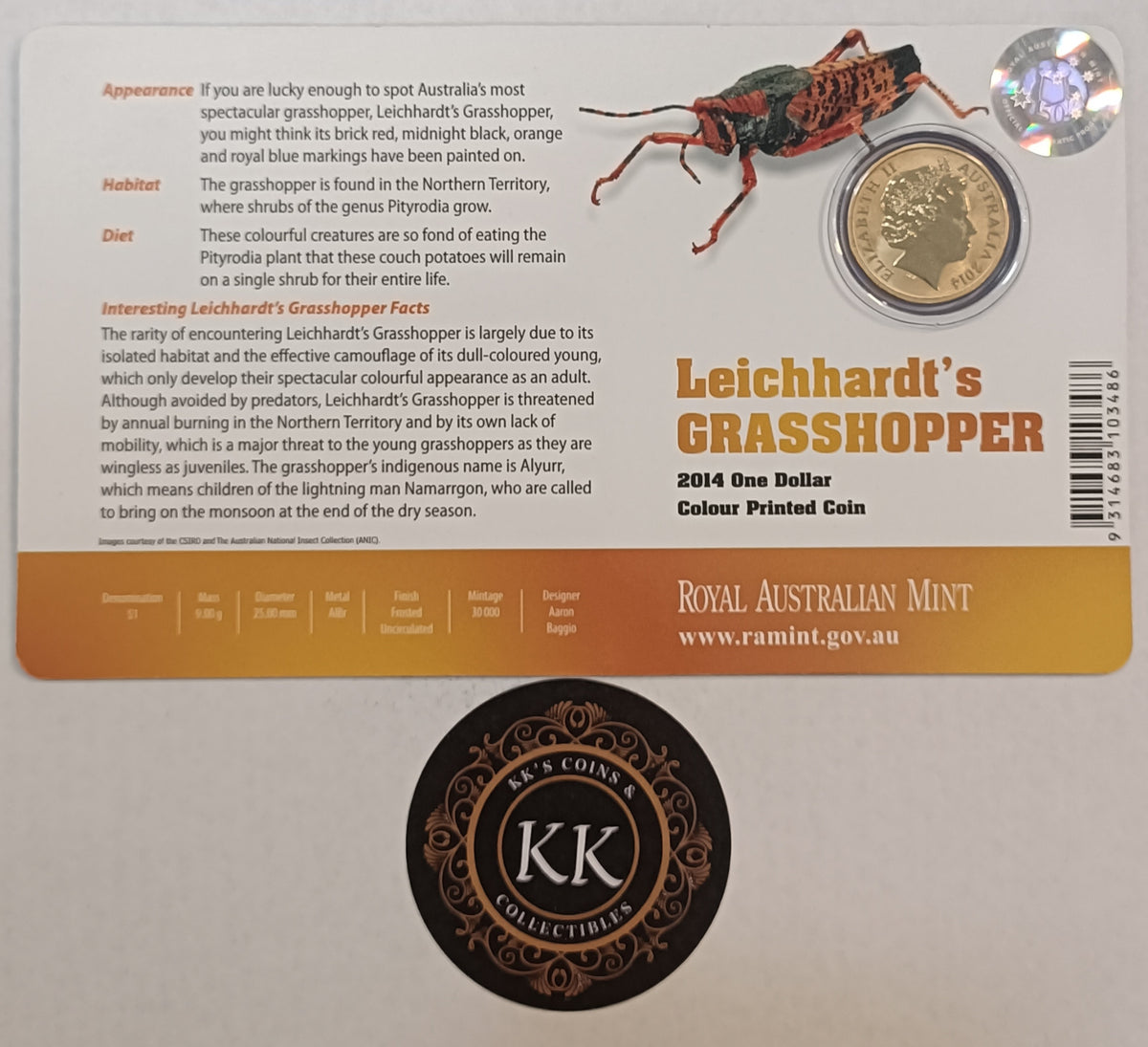 2014 $1 Bright Bugs - Leichhardt's Grasshopper Uncirculated Coin on Card