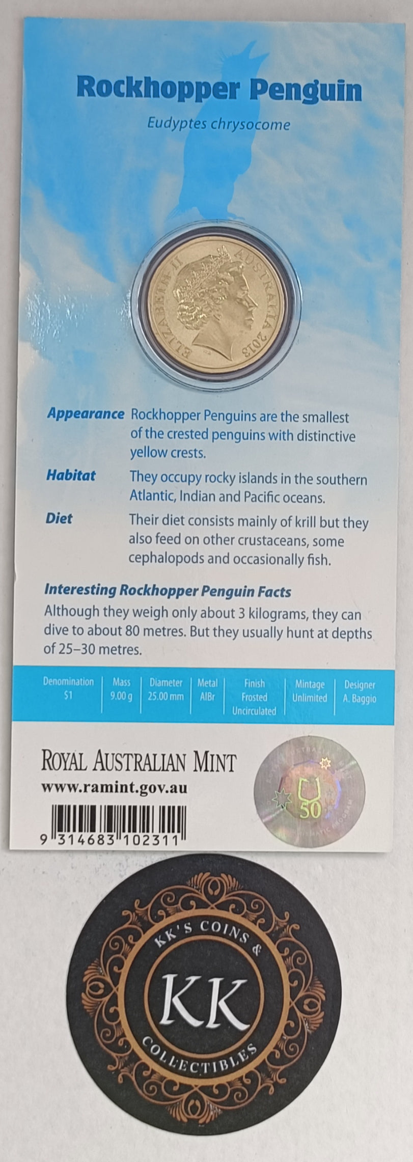 2013 $1 Polar Animals - Rockhopper Penguin Uncirculated Coin on Card