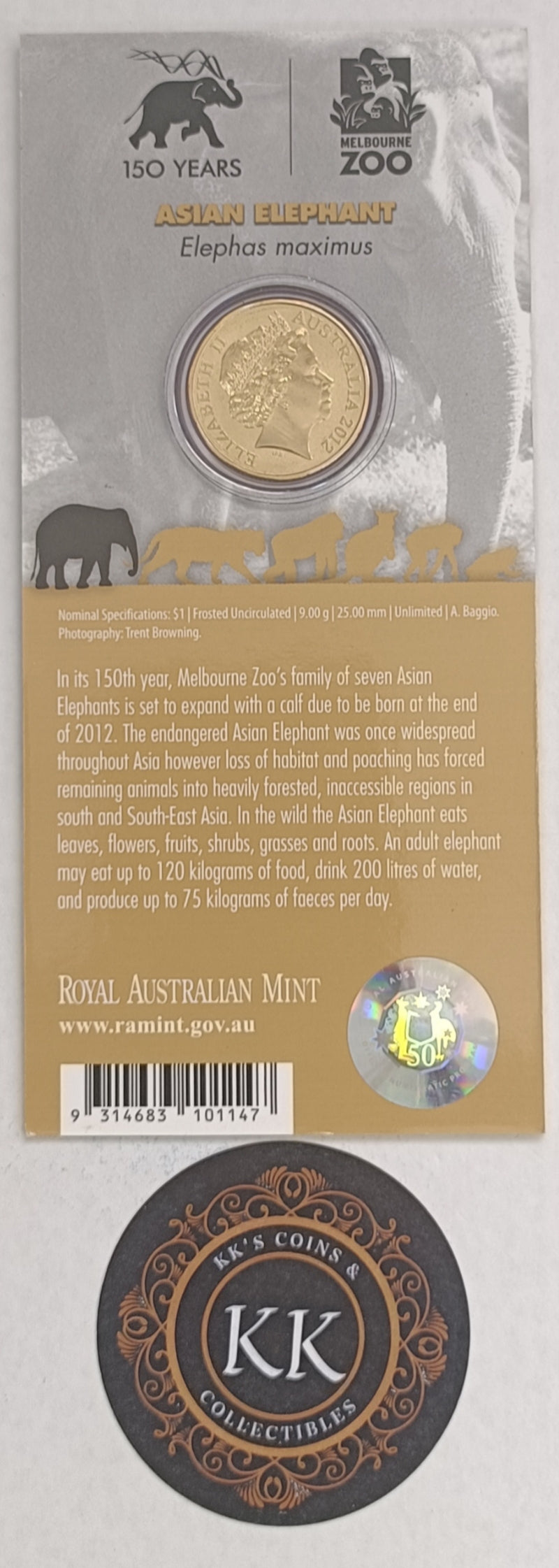 2012 $1 Animals of The Zoo - Asian Elephant Uncirculated Coin on Card