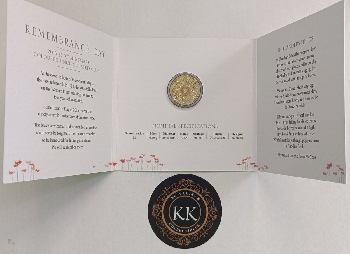 2015 $2 ‘C’ Mintmark Remembrance Orange Flanders Field Uncirculated Coin in Folder