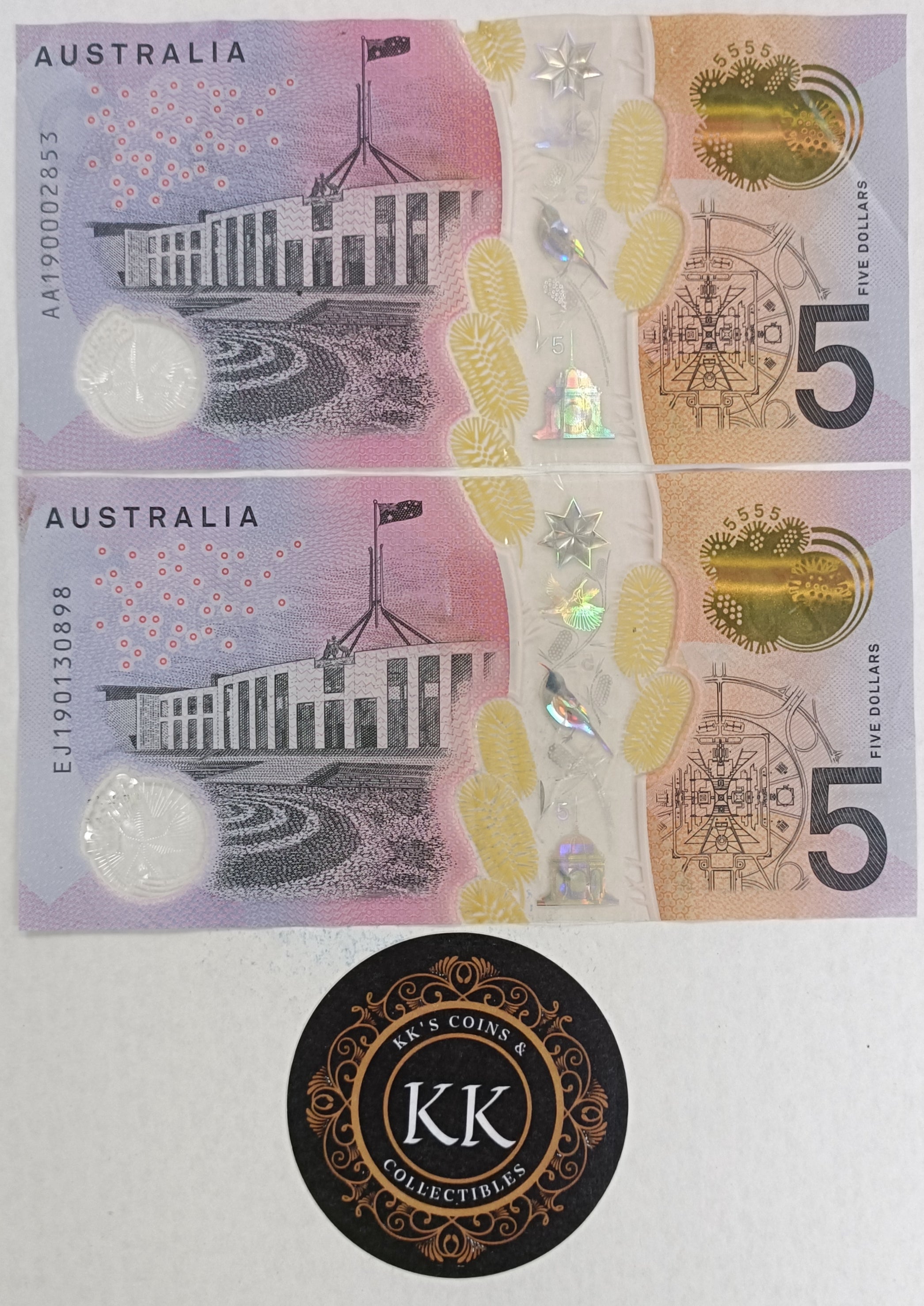 2019 Australia $5 First and Last Prefix Banknotes AA & EA