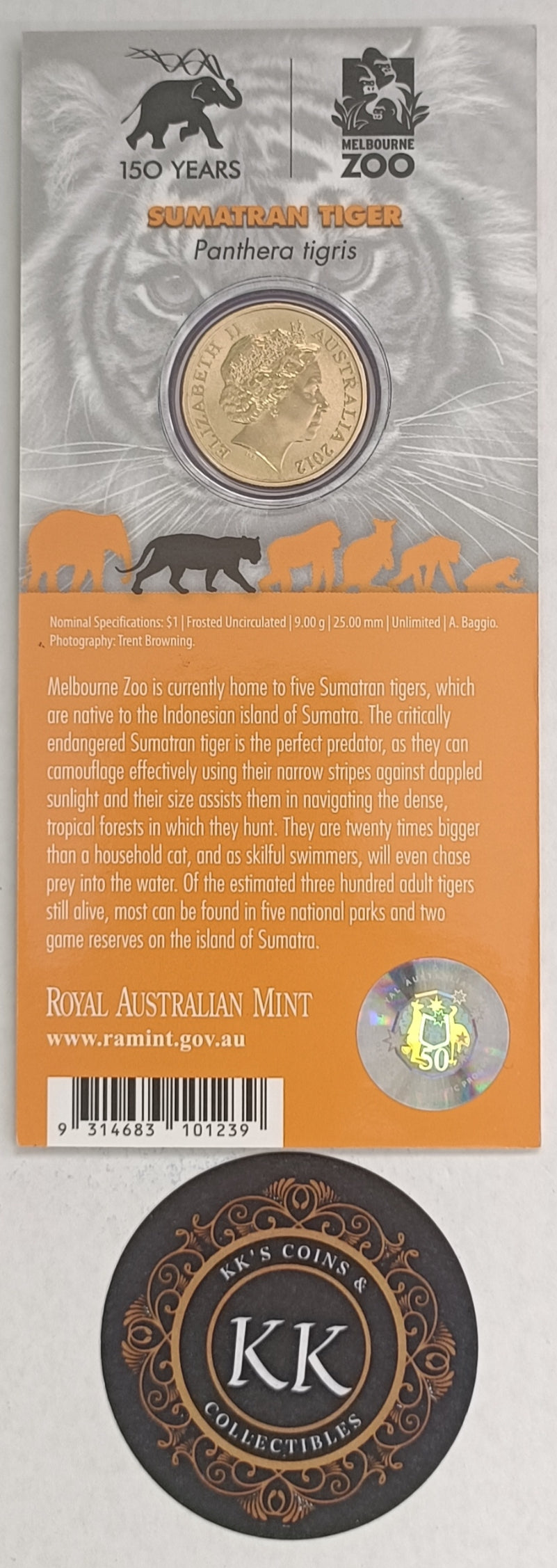 2012 $1 Animals of The Zoo - Sumatran Tiger Uncirculated Coin on Card