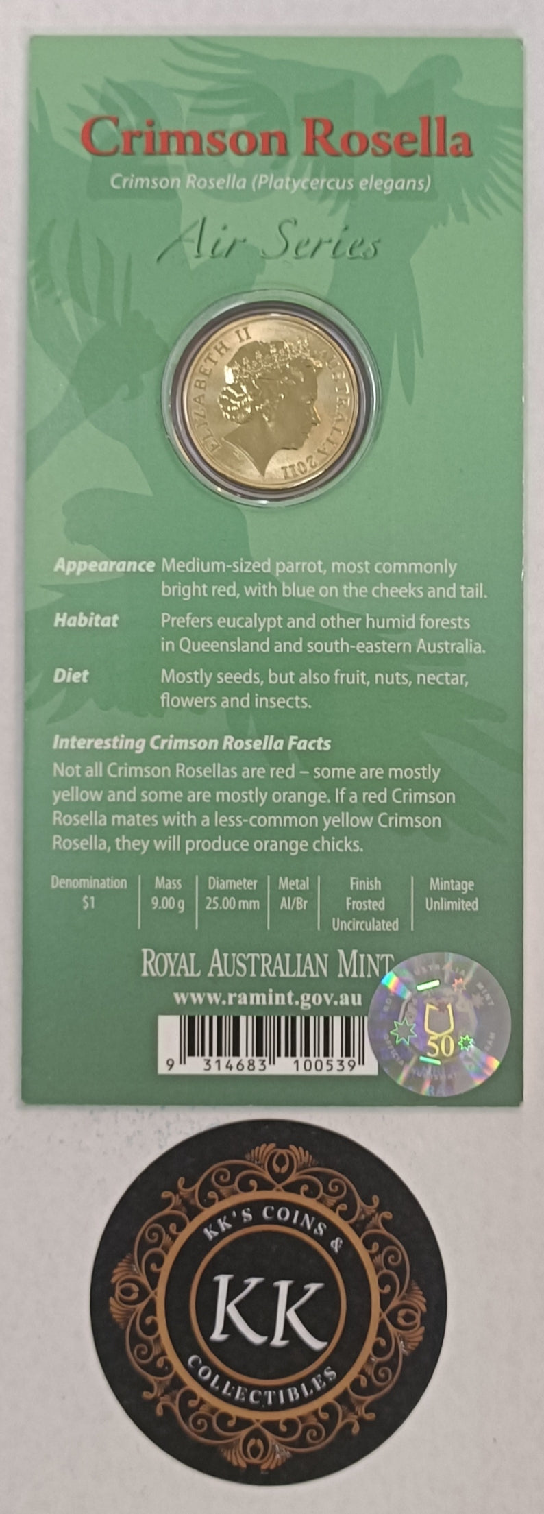 2011 $1 Air Series - Crimson Rosella Uncirculated Coin on Card