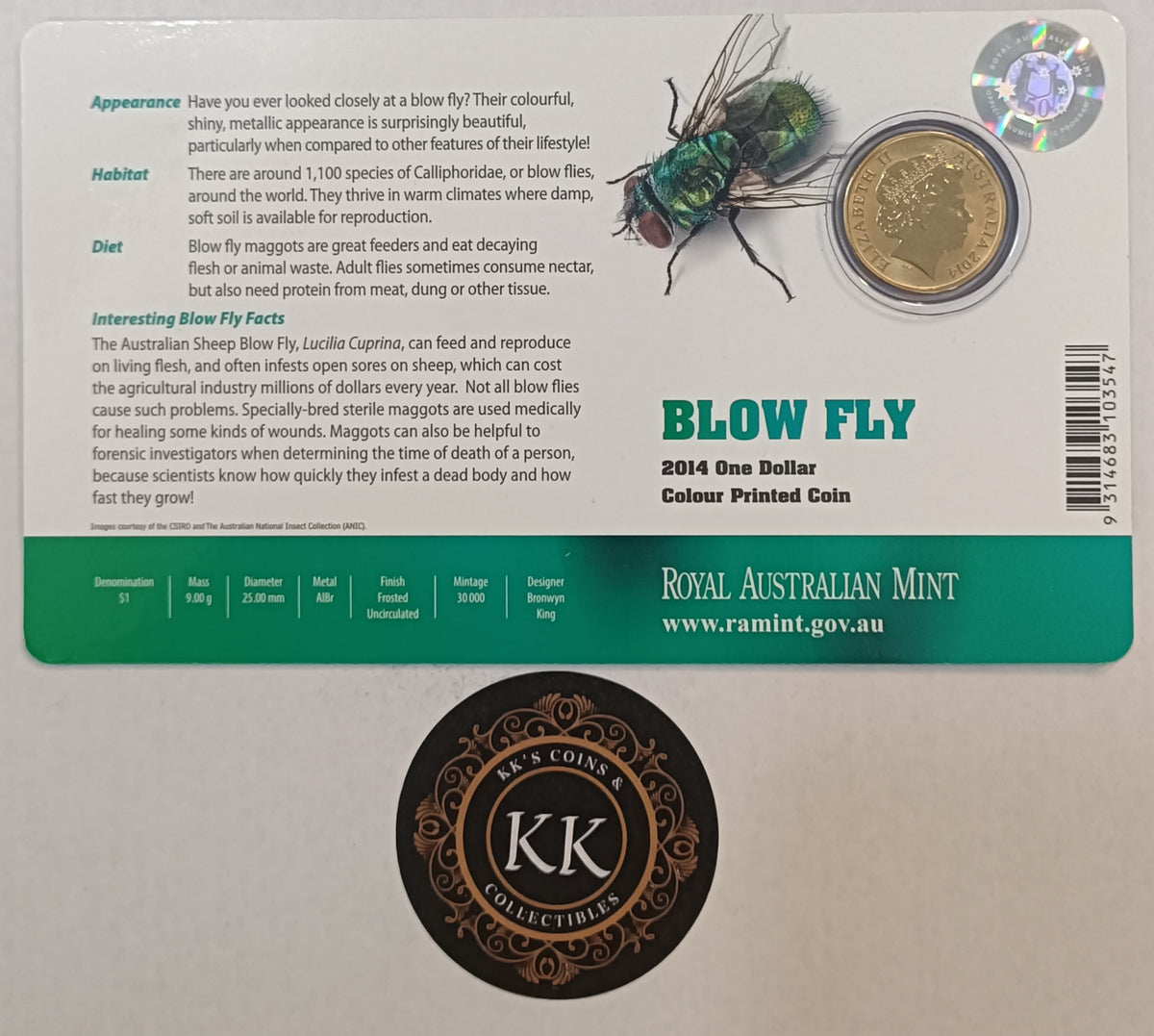 2014 $1 Bright Bugs - Blow Fly Uncirculated Coin on Card