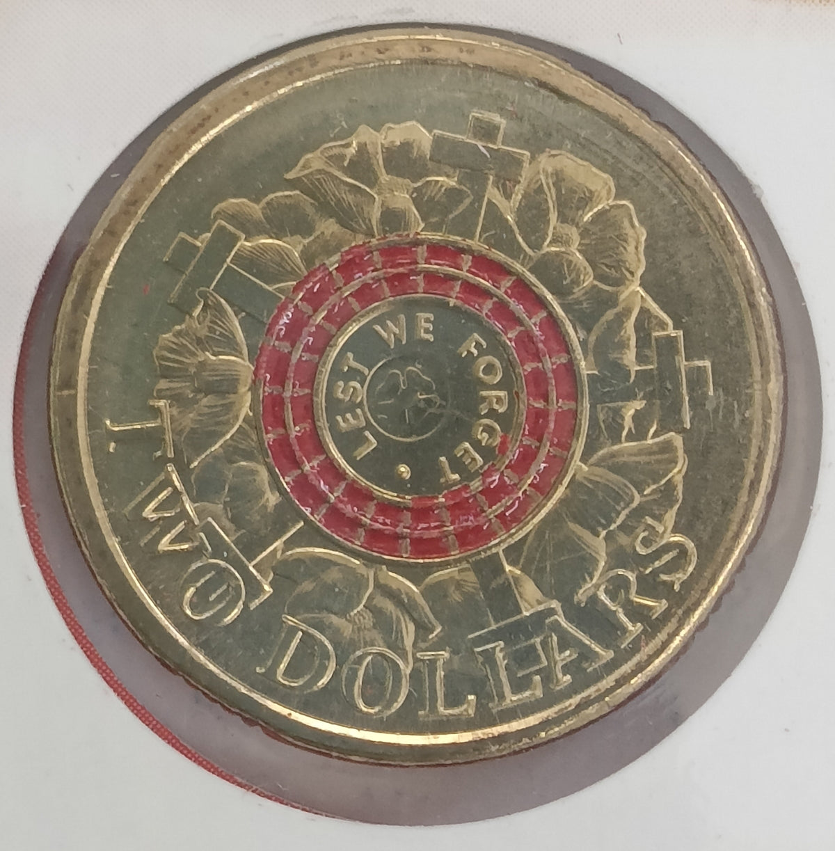 2015 Lest We Forget ANZAC Day Poppy Counterstamp Two Dollar ($2) Colour-printed Australian Decimal Coin