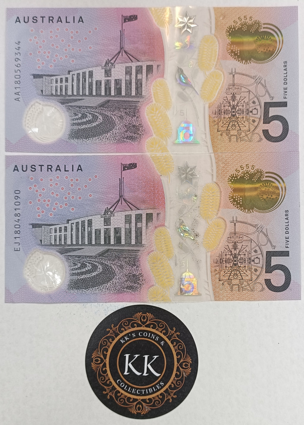 2018 Australia $5 First and Last Prefix Banknotes AA & EJ