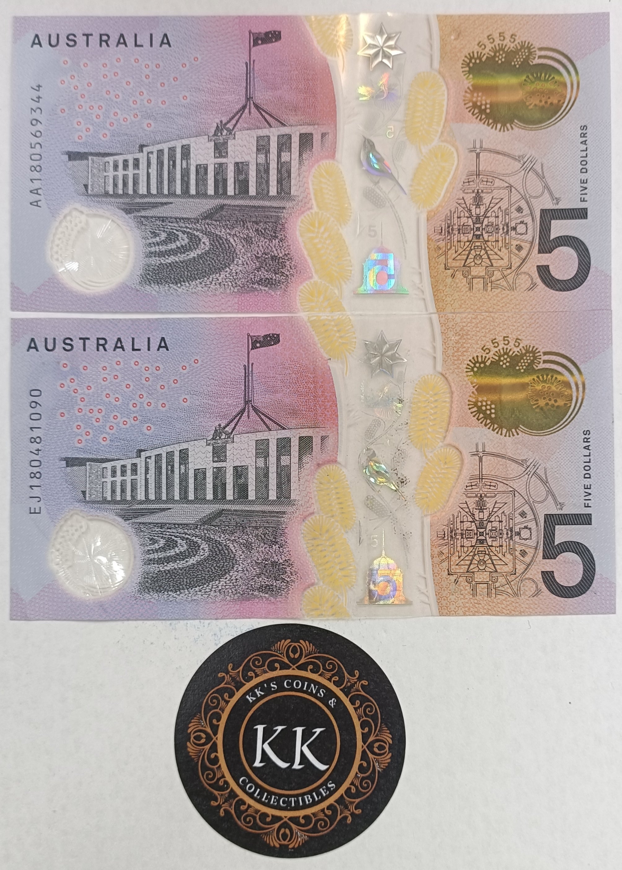 2018 Australia $5 First and Last Prefix Banknotes AA & EJ