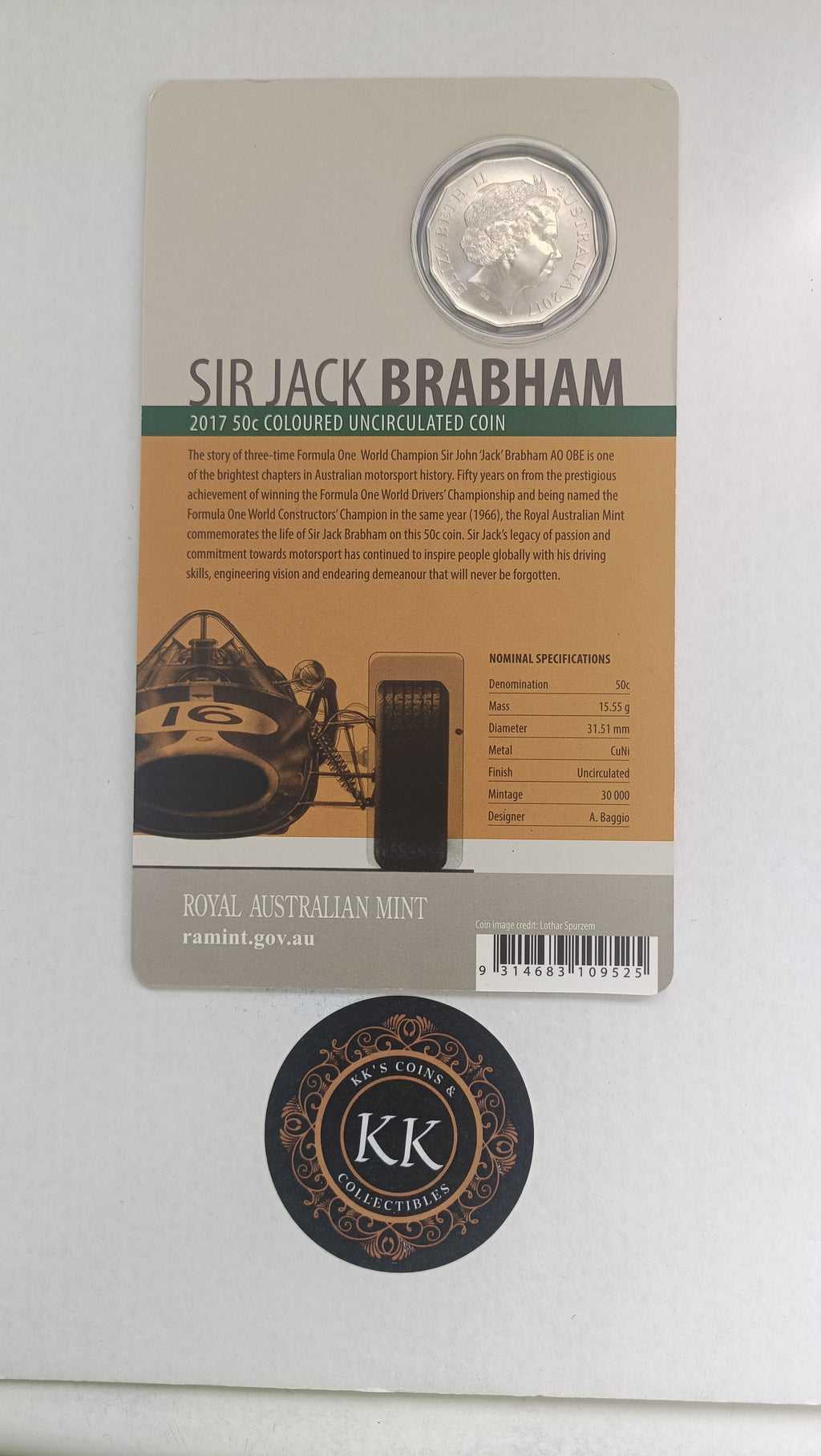 2017 50 Cents Sir Jack Brabham Uncirculated Australian Decimal Coin on Card