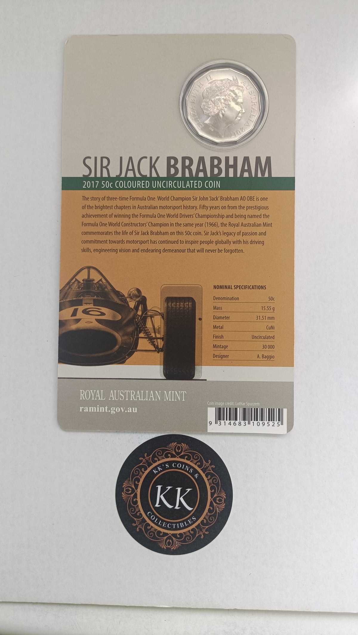 2017 50 Cents Sir Jack Brabham Uncirculated Australian Decimal Coin on Card