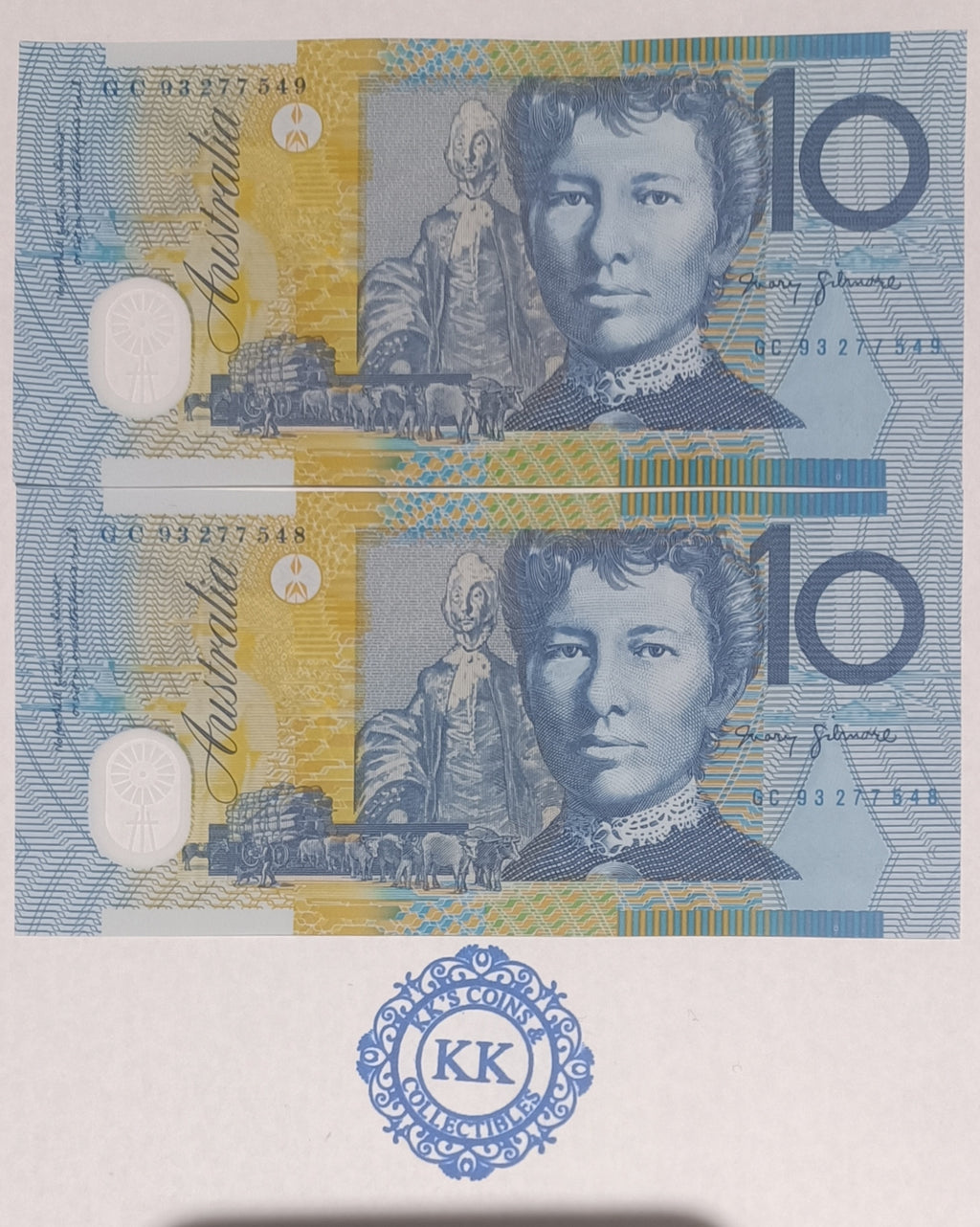 1993 AUSTRALIA 10 DOLLARS BANKNOTES - UNCIRCULATED CONSECUTIVE PAIR- R316a