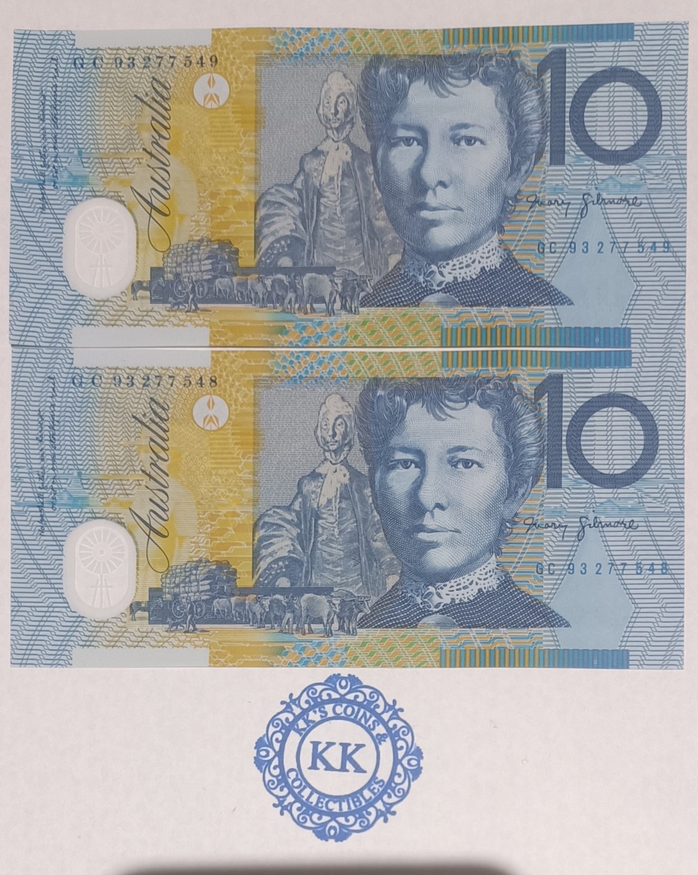 1993 AUSTRALIA 10 DOLLARS BANKNOTES - UNCIRCULATED CONSECUTIVE PAIR- R316a