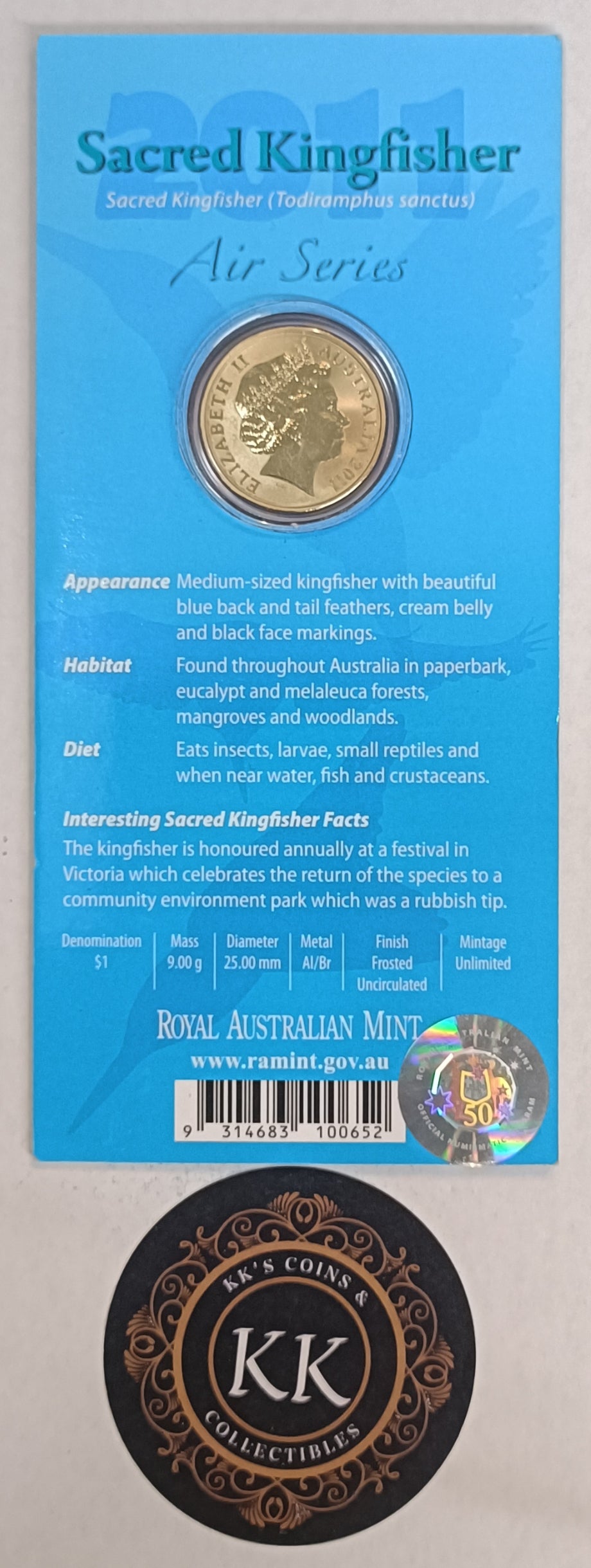 2011 $1 Air Series - Sacred Kingfisher Uncirculated Coin on Card